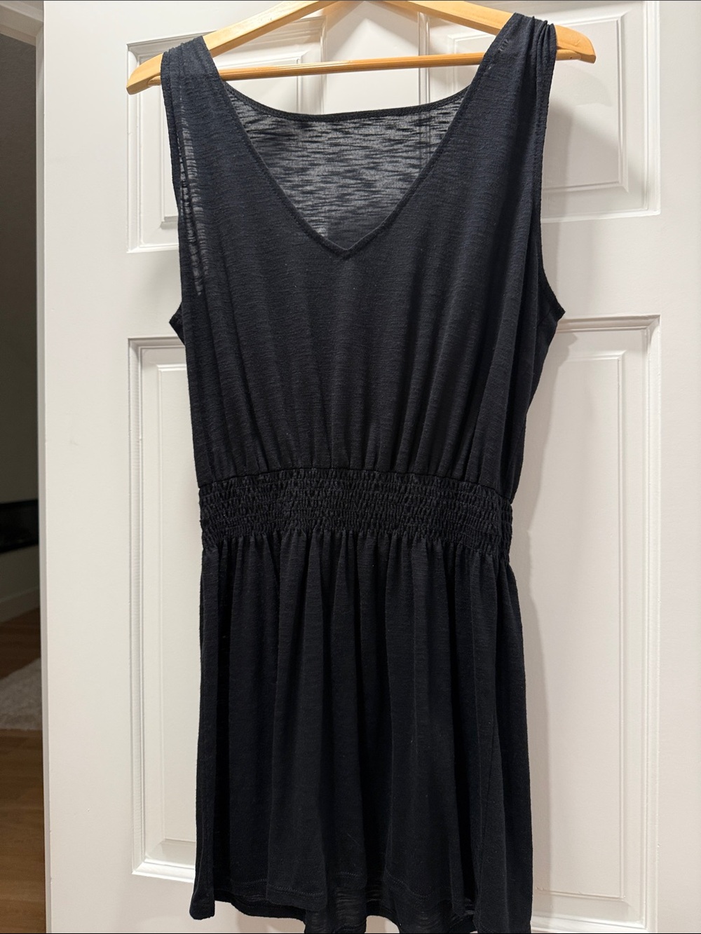BECCA Black Sleeveless V-Neck Smocked Waist Mini Dress Swim Cover Up